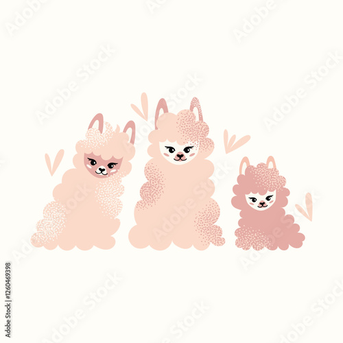 Cute fluffy llamas and alpacas set with flowers isolated on a white background. Mother lama and her baby. Animal and nature-themed concept design. Vector illustration