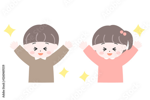 両手を上げて喜ぶ小さな日本人の男の子と女の子