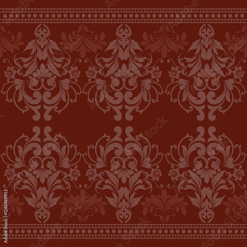 Elegant Damask Pattern with Ornate Floral Motifs and Decorative Borders. seamless design features a sophisticated blend of vintage-inspired elements and modern aesthetics