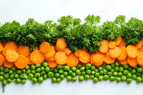 An appealing display of vegetable soup with neatly arranged textures from peas, carrots, and parsley, set against an immaculate white background to draw attention.