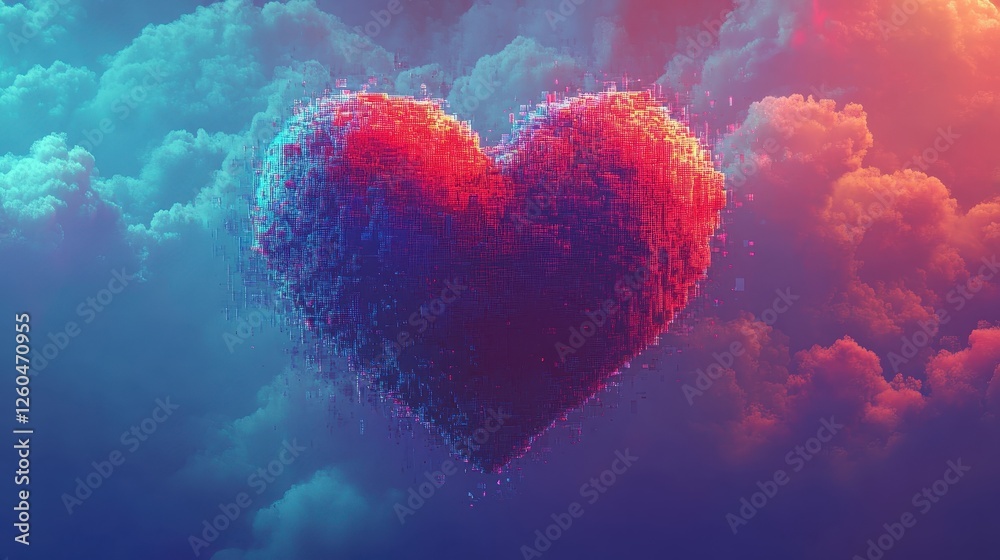 Abstract Pixelated Heart in Colorful Sky Abstract Pixelated Heart in Colorful Sky