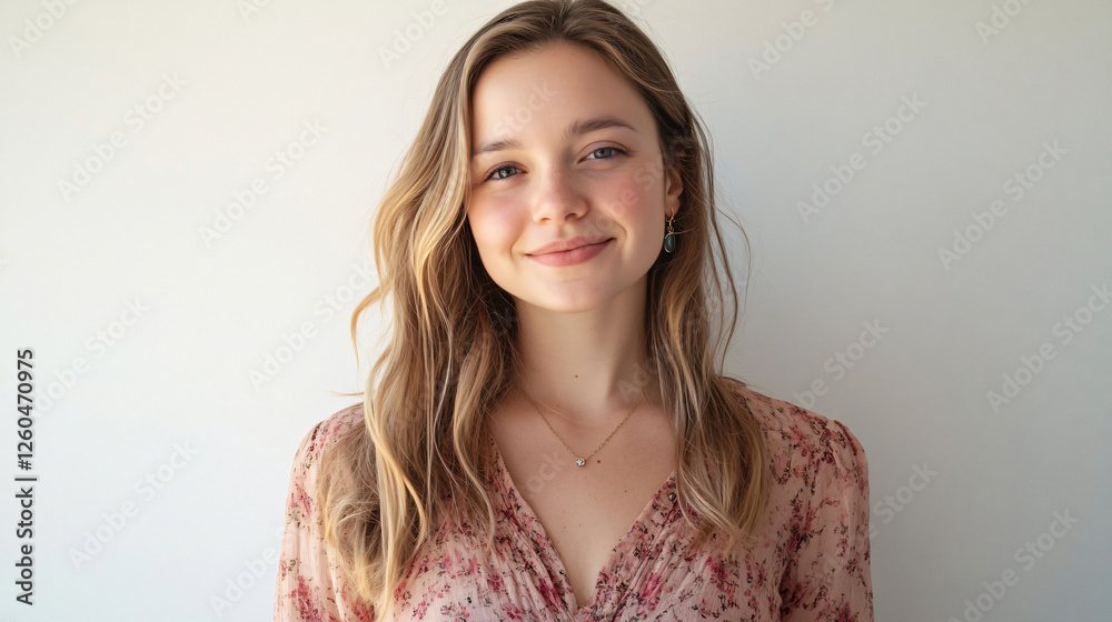 Young pregnant woman with long hair standing against a plain white background Young pregnant woman with long hair standing against a plain white background