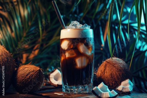 Refreshing Beverage in a Tropical Setting: A Close-Up of a Glass of Dark Drink Surrounded by Fresh Coconuts and Lush Greenery, Perfect for Summer Relaxation. photo