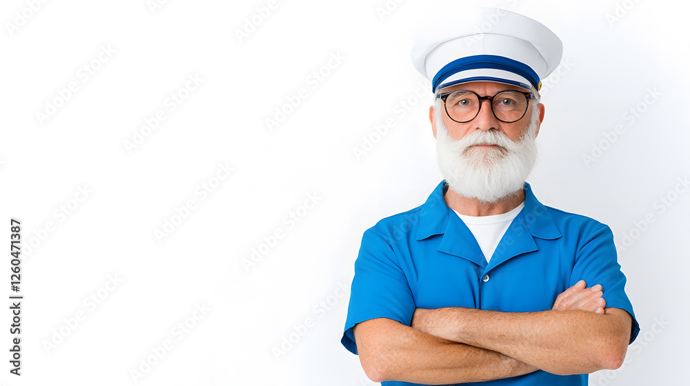 Portrait elderly bearded smiling sailor man in a uniform, isolated on white background Portrait elderly bearded smiling sailor man in a uniform, isolated on white background