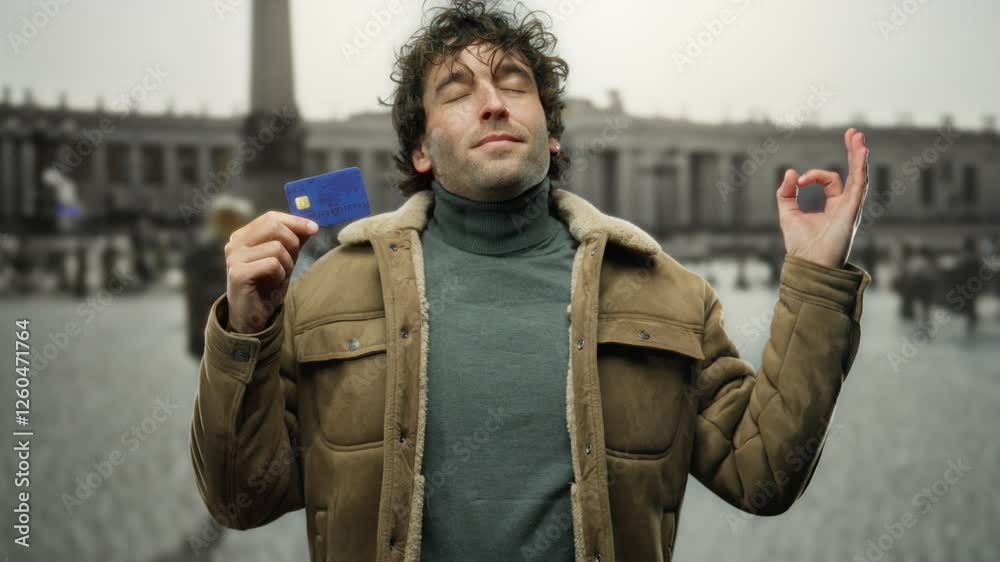 Man holding credit card at vatican san pedro square outdoors looking serene in winter jacket.