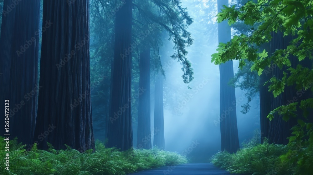 Obraz premium A serene forest scene enveloped in mist, where towering trees rise majestically. The soft light filters through the leaves, creating a calming atmosphere perfect for nature lovers.
