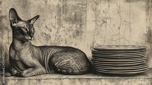 A sleek and poised cat sits beside neatly stacked dishes, rendered in a detailed vintage art style with an aged textured background. AI generated.