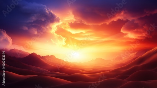 A breathtaking sunset view over rolling hills, with vibrant hues of orange, purple, and blue sky creating a serene atmosphere photo