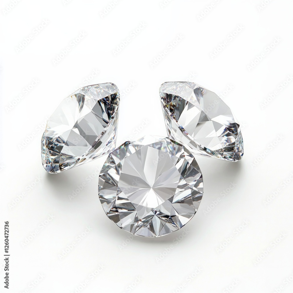 Three sparkling diamonds showcasing precision cut and clarity on white background Three sparkling diamonds showcasing precision cut and clarity on white background