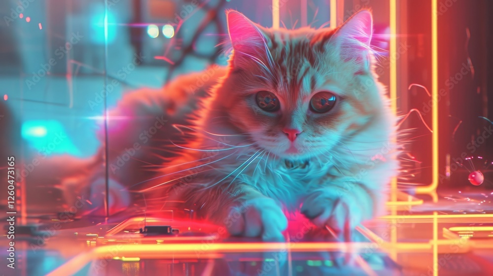 A playful orange tabby cat lies amid a vibrant neon environment, surrounded by glowing light reflections and futuristic designs, exuding a cyberpunk aesthetic. AI generated.