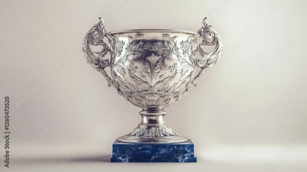 A regal silver trophy featuring delicate floral carvings on marble A regal silver trophy featuring delicate floral carvings on marble