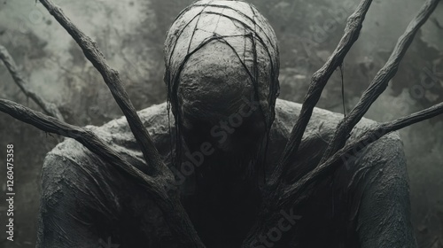 Surreal Representation of an Individual Enveloped in Darkness with Strands Emerging from the Figure