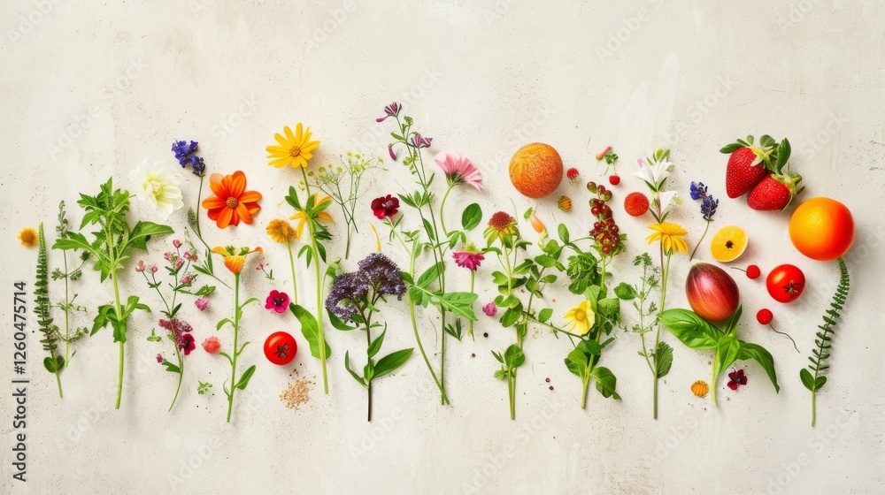 A vibrant arrangement of fresh flowers and fruits displayed in an organized row on a light background, featuring colorful details for natural and botanical themes. AI generated.