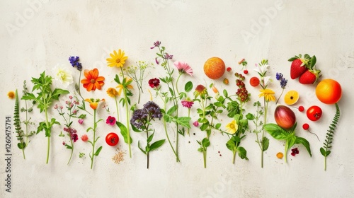 Obraz na płótnie A vibrant arrangement of fresh flowers and fruits displayed in an organized row on a light background, featuring colorful details for natural and botanical themes. AI generated. w salonie