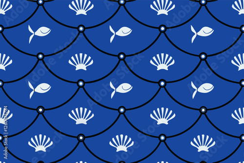 Intricate overlapping fishing nets, densely filled with glistening, silvery fish, creating a complex textured pattern.