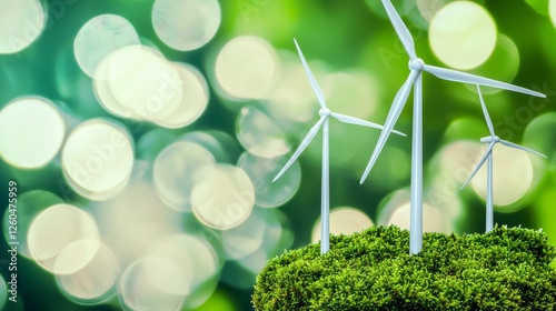Renewable energy concept with wind turbines on grassy hill against blurred green background and bokeh lights