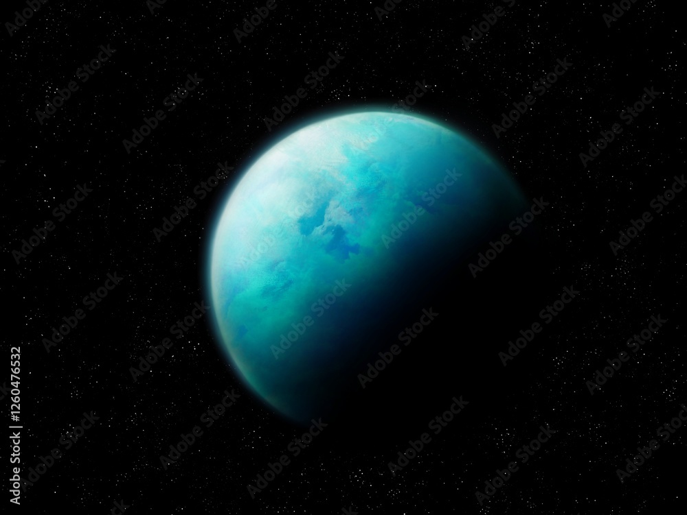 Obraz premium A planet with a thick atmosphere. Exoplanet suitable for life. Extrasolar world with liquid water on its surface.