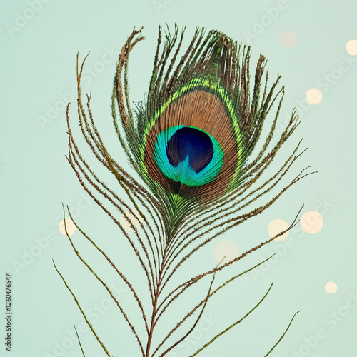 Minimalist spring peacock feather eye macro, soft iridescent circles, clean geometric pattern, pale background photo