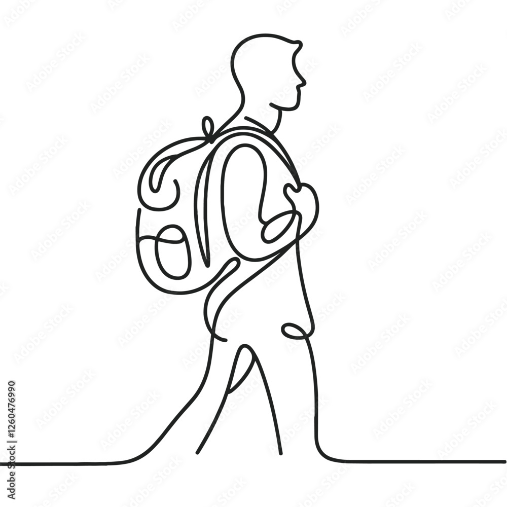 Traveler with Backpack in One Line Art Illustration - Modern Minimalist Style Traveler with Backpack in One Line Art Illustration - Modern Minimalist Style