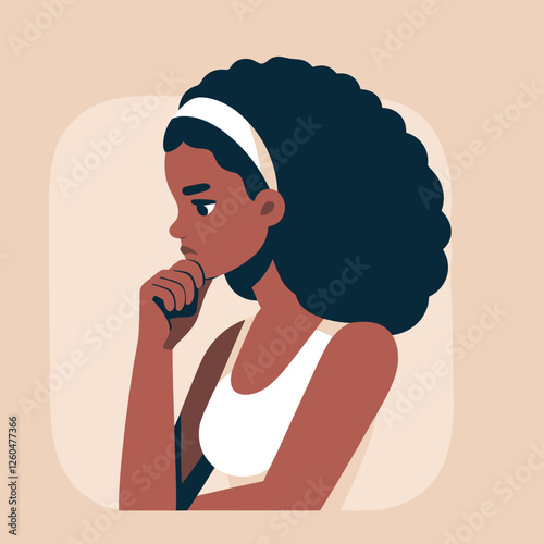 Thoughtful Woman with Curly Hair in Profile - Modern Flat Illustration