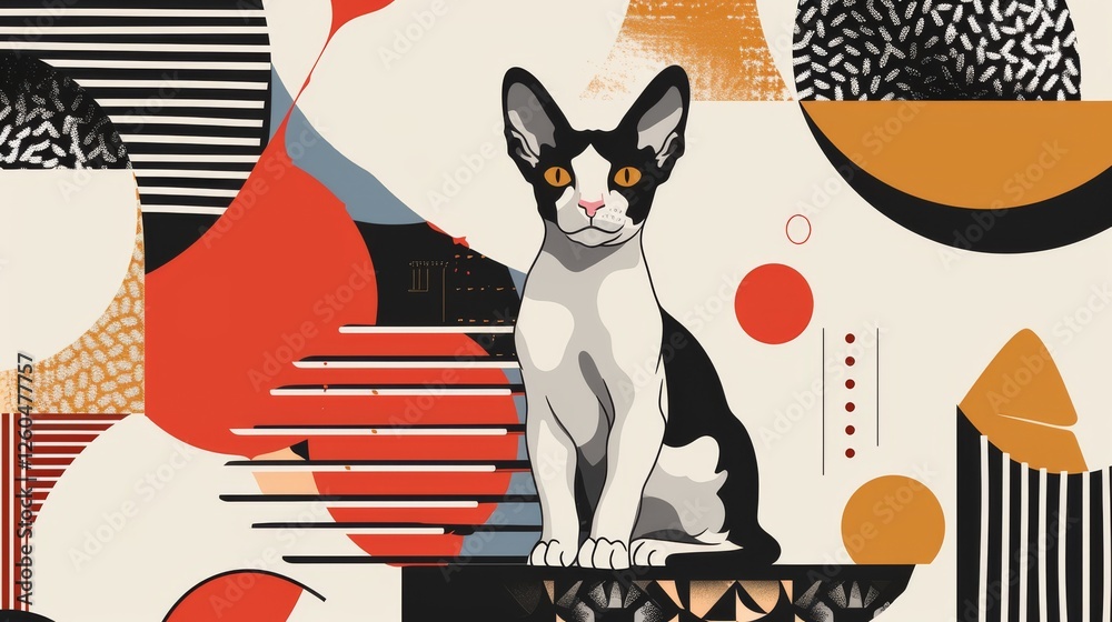 A stylized black and white cat sits against a vibrant geometric background of bold reds, oranges, and patterns. Modern and artistic design. AI generated.