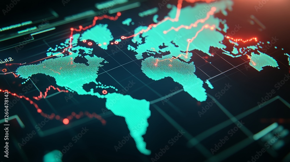 Obraz premium Global Economic Trends Line Graphs, World Map, Data Points Design., Colors on Black Background