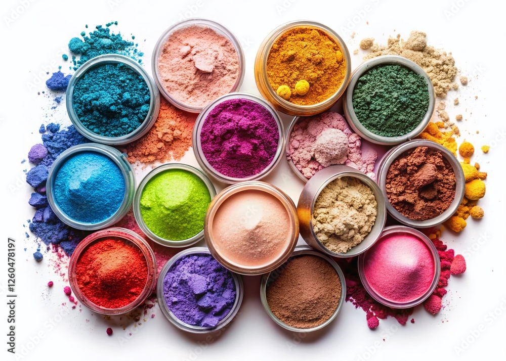 Loose Makeup Powder Collection, Various Shades, Isolated on White Background Loose Makeup Powder Collection, Various Shades, Isolated on White Background