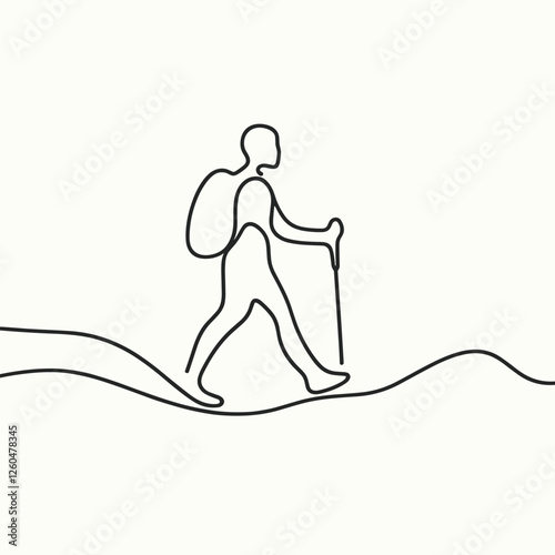 Line Art of Hiker Walking with Backpack - Minimalist One Line Illustration