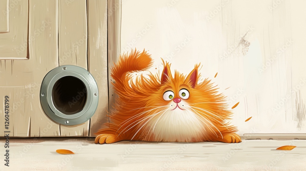 Adorable AI-generated illustration of a fluffy orange cat curiously peeking through a door flap. The scene is playful, with a charming cartoon-like style. AI generated.