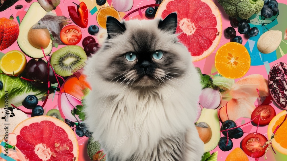 Fluffy blue-eyed cat surrounded by a dynamic collage of colorful fruits and vegetables. Perfect for food art, pet themes, and creative compositions. AI generated.