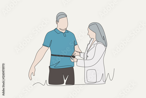 Colored the doctor measures the width of the father's body. Measuring a patient's height weight waist concept one-line drawing