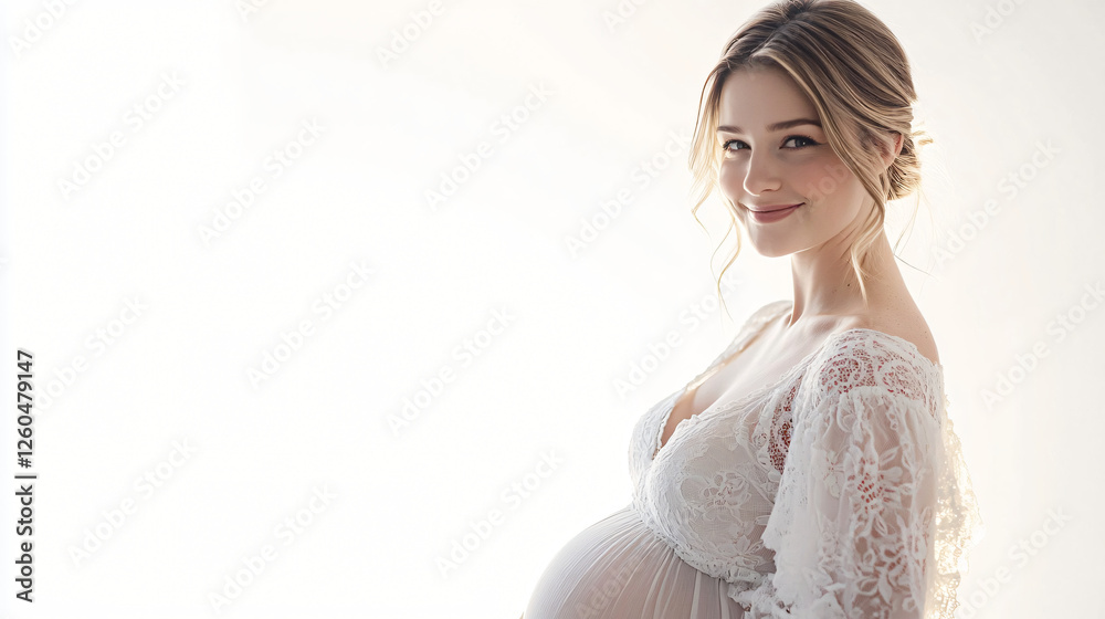 Pregnant woman in white dress standing against a plain white background with hands on her belly Pregnant woman in white dress standing against a plain white background with hands on her belly