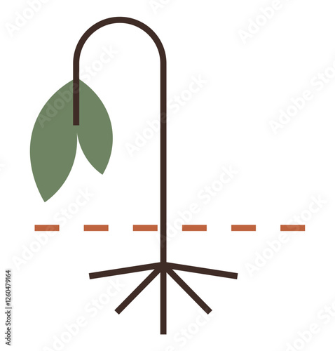 Drooping green leaf on a bent stem with exposed roots divided by a horizontal dashed line. Ideal for life cycle, decay, fragility, environment, sustainability, growth, plant health. Flat color icon