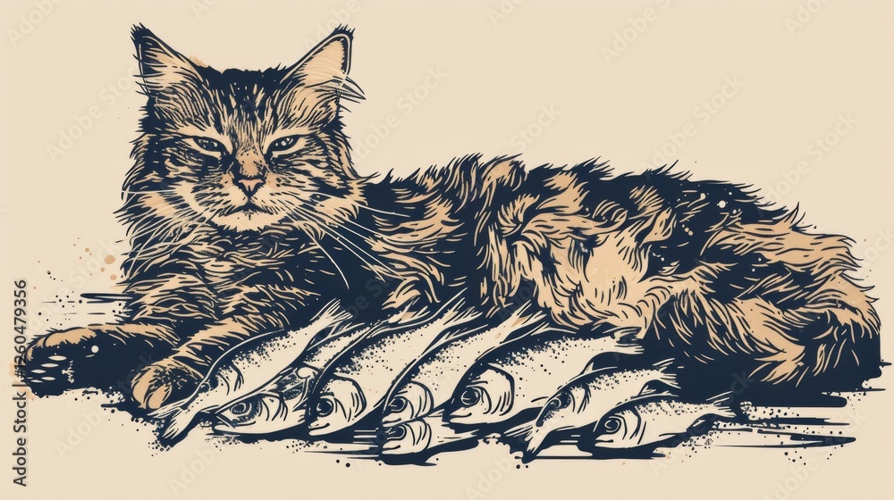 A detailed vintage-style illustration of a long-haired cat resting beside multiple fish, showcasing intricate shading and texture on a beige background. AI generated.