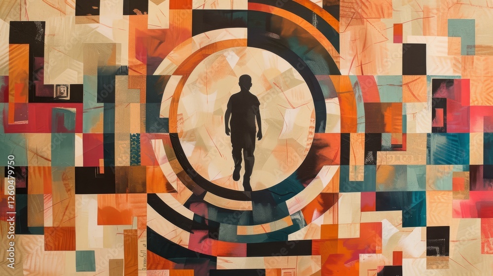 A captivating silhouette of a person surrounded by vibrant geometric patterns in warm tones, creating a modern, artistic vibe. AI generated.