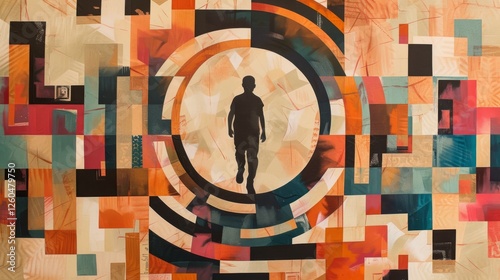 Obraz na płótnie A captivating silhouette of a person surrounded by vibrant geometric patterns in warm tones, creating a modern, artistic vibe. AI generated. w salonie
