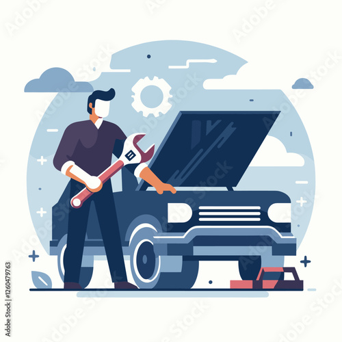 Car Maintenance Flat Illustration with Mechanic and Open Hood Design