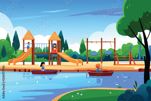 Idyllic playground scene children's play area adjacent to a tranquil lake, featuring wooden docks extending into the water.