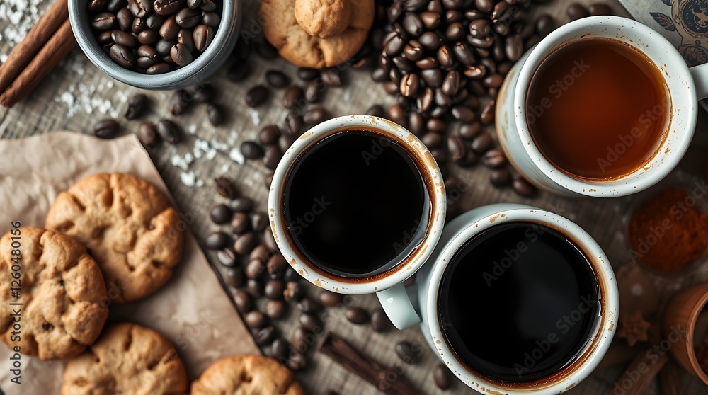 Top view of cups of coffee, coffee beans, cookies and spices on table Top view of cups of coffee, coffee beans, cookies and spices on table