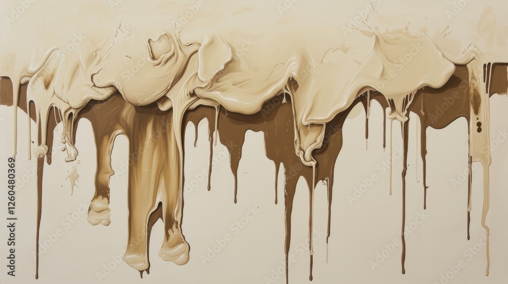 Abstract painting with neutral-toned paint drips in shades of beige and brown, showcasing creamy textures and smooth flow for a minimalistic design. AI generated.