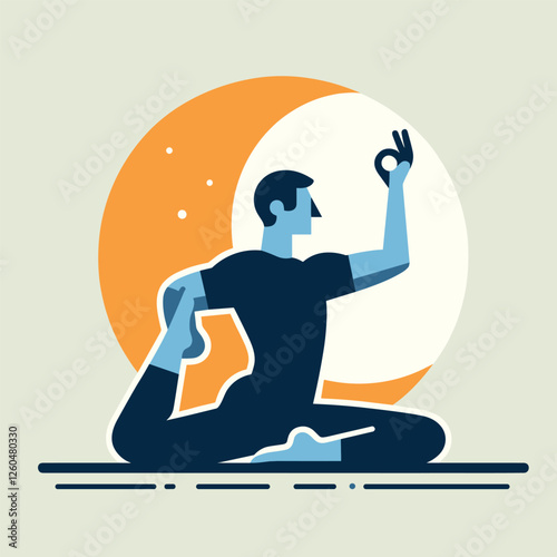 Yoga Pose in Front of Sun and Moon - Modern Flat Illustration