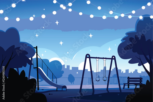 A vibrant playground bathed in the ethereal glow of a clear night sky, stars twinkling brightly above colorful play structures.