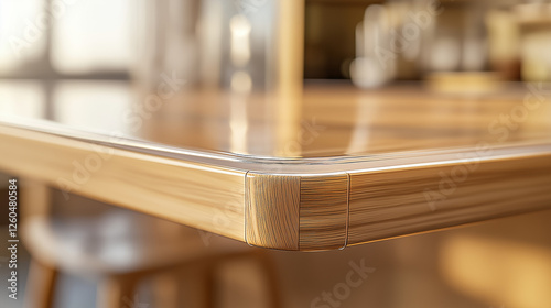 Close-up of soft, transparent corner protectors on wooden table edges, blending seamlessly with modern interiors for childproofing and safety in a home environment. photo