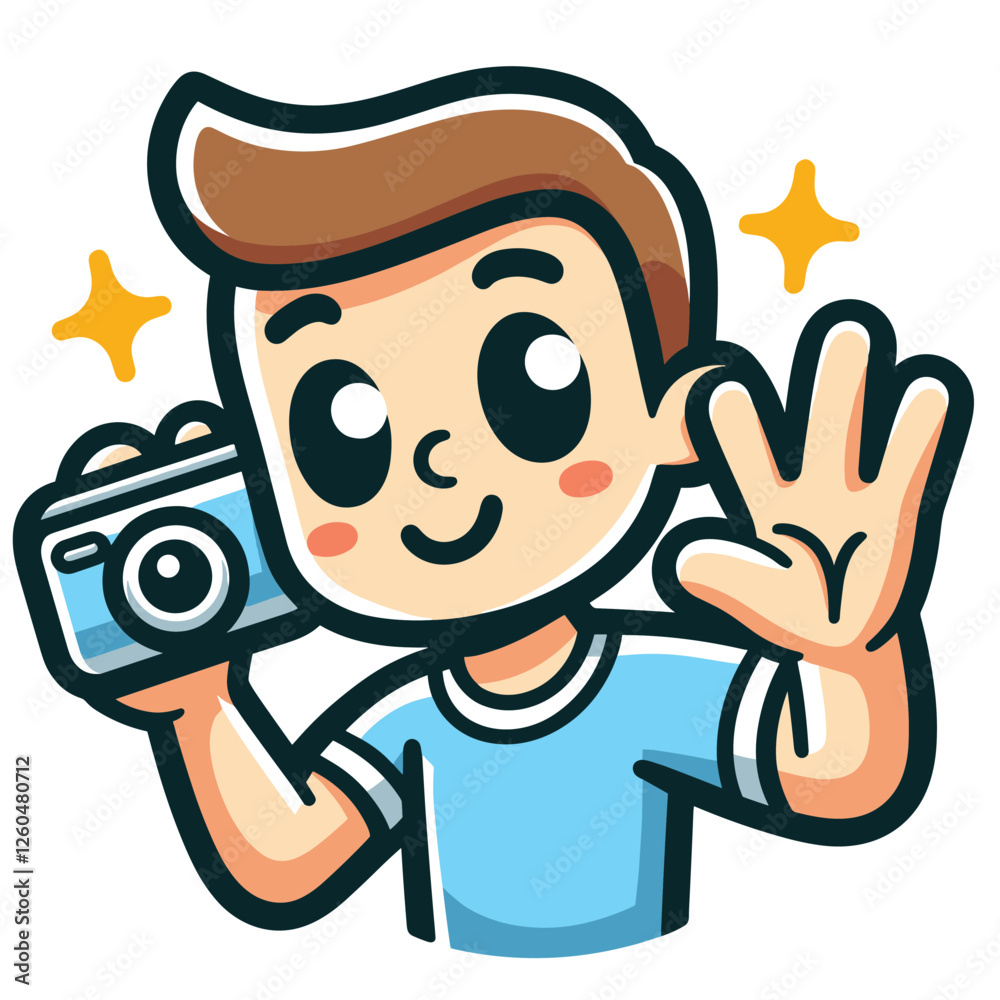Charming Cartoon Boy with Camera Waving - Vector Illustration Charming Cartoon Boy with Camera Waving - Vector Illustration
