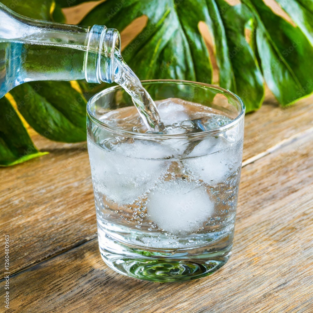 Pouring Sparkling Water into a Glass with Ice on a Bright Wooden Surface Pouring Sparkling Water into a Glass with Ice on a Bright Wooden Surface