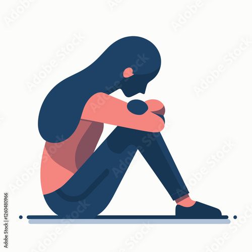 Emotional Solitude Pensive Woman in Flat Illustration Style Reflects on Isolation and Introspection