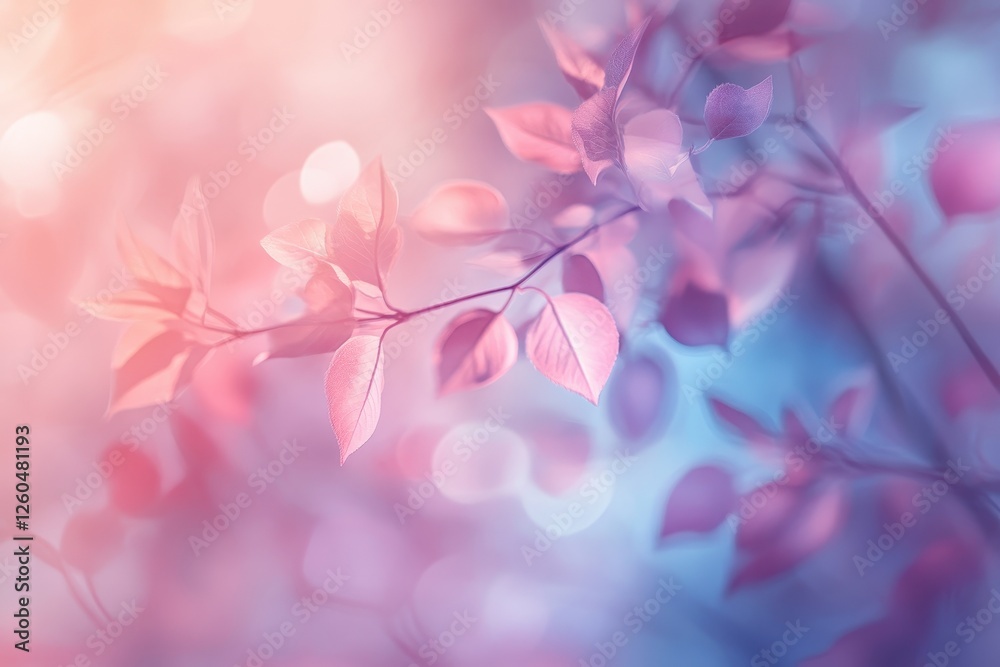 Fototapeta premium Pastel Pink And Blue Spring Leaves Branch Soft Light Background