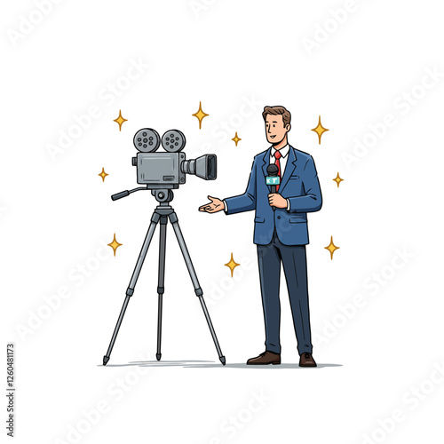 Reporter Presenting with Camera on Tripod for Tv Show Broadcast