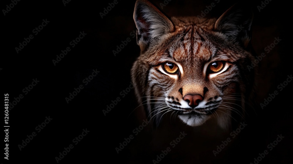 Obraz premium A captivating close-up of a lynx with piercing amber eyes, showcasing its unique fur pattern against a dark background, emphasizing its natural beauty and wild spirit.