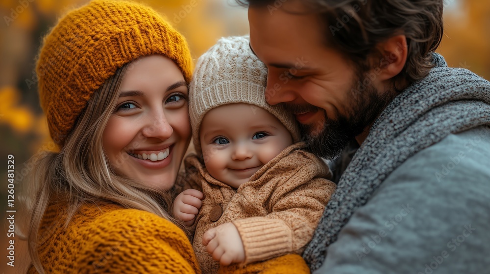 Obraz premium Loving parents holding their baby in the park, embracing precious family moments and enjoying peaceful relaxation in a natural outdoor setting.